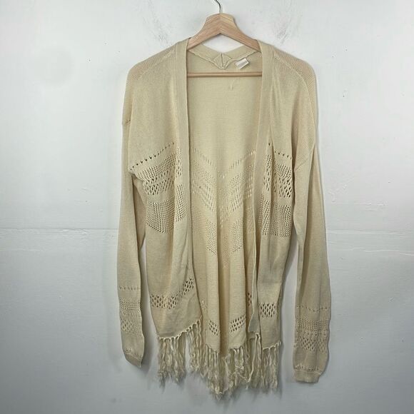Wild Pearl Open Cardigan with fringe boho cotton crochet design Large cream - Picture 3 of 14